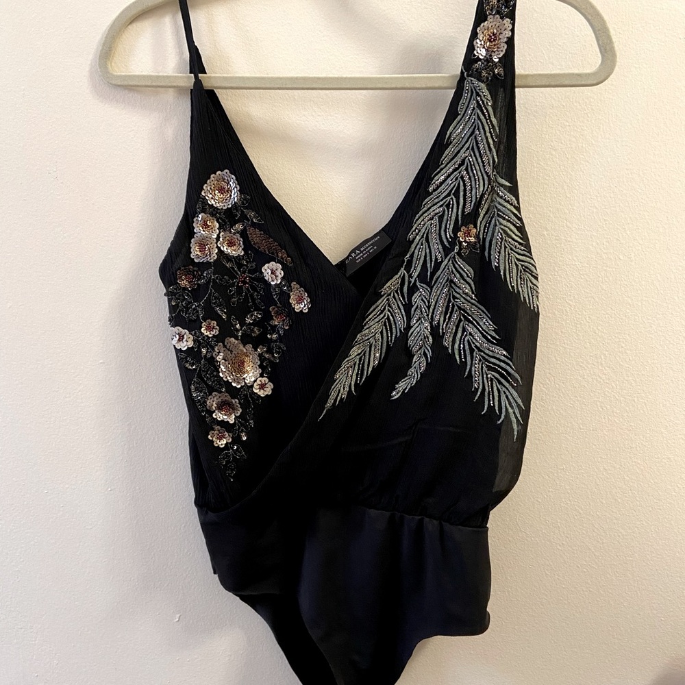 Zara black bodysuit with floral sequin detail